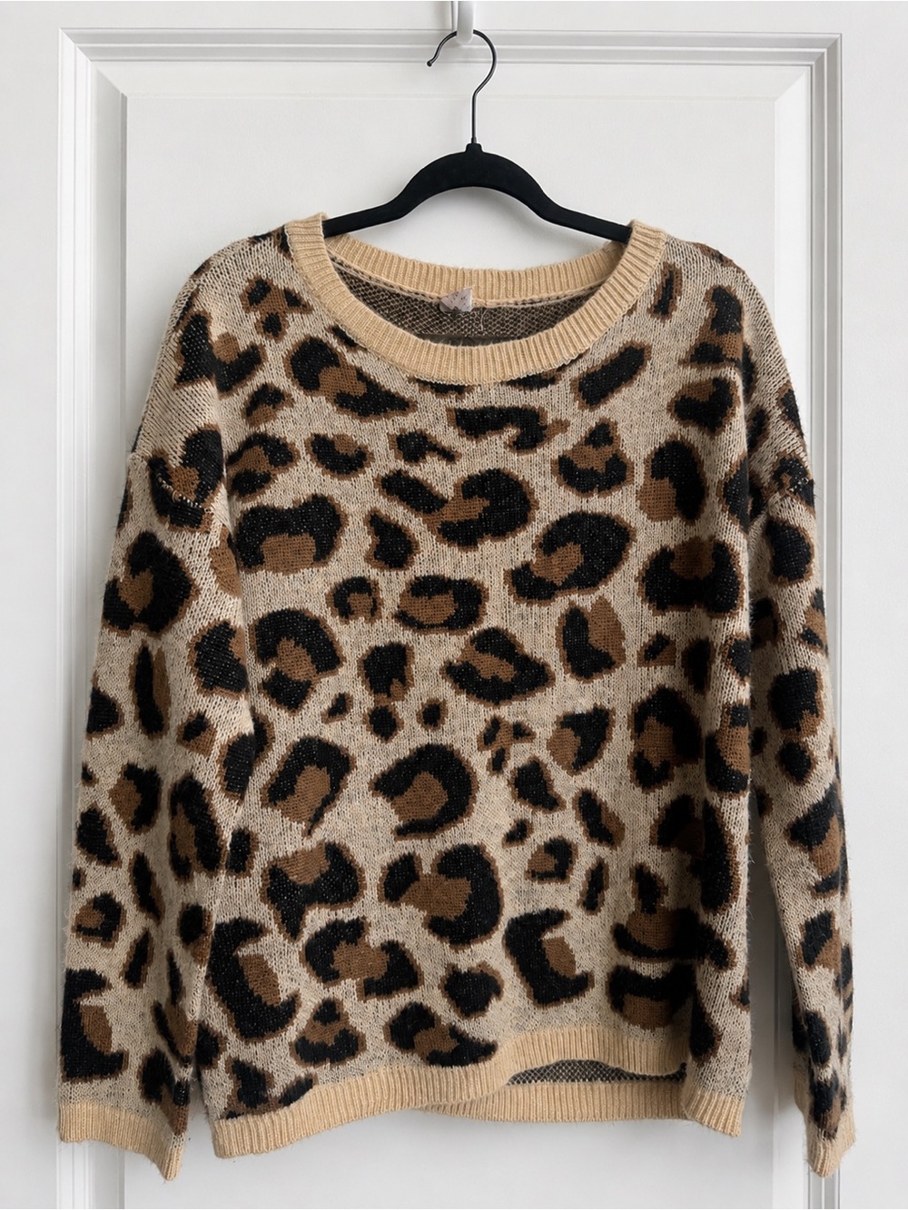 J.O.A. Leopard Print Crewneck Sweater in Beige, Brown, Black